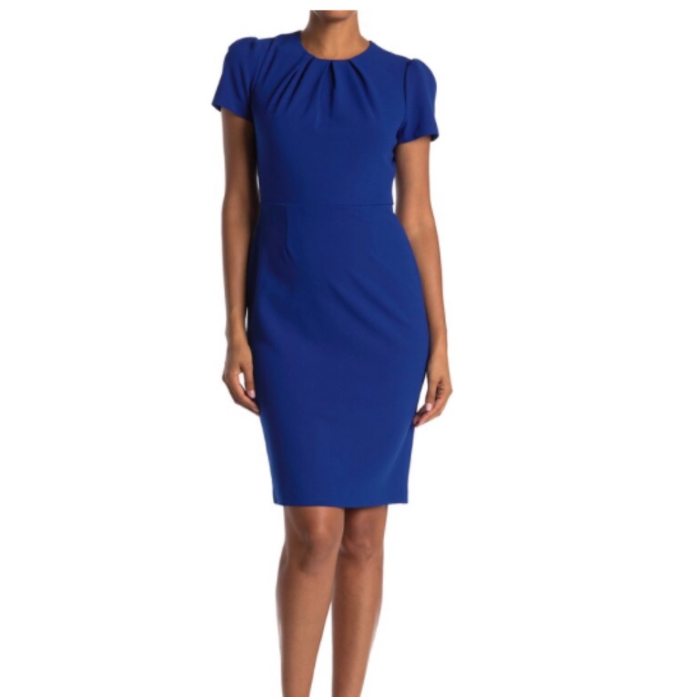 MAGGY LONDON Pleated Neck Short Sleeve Sheath Dress NWT / Royal Blue Work Dress